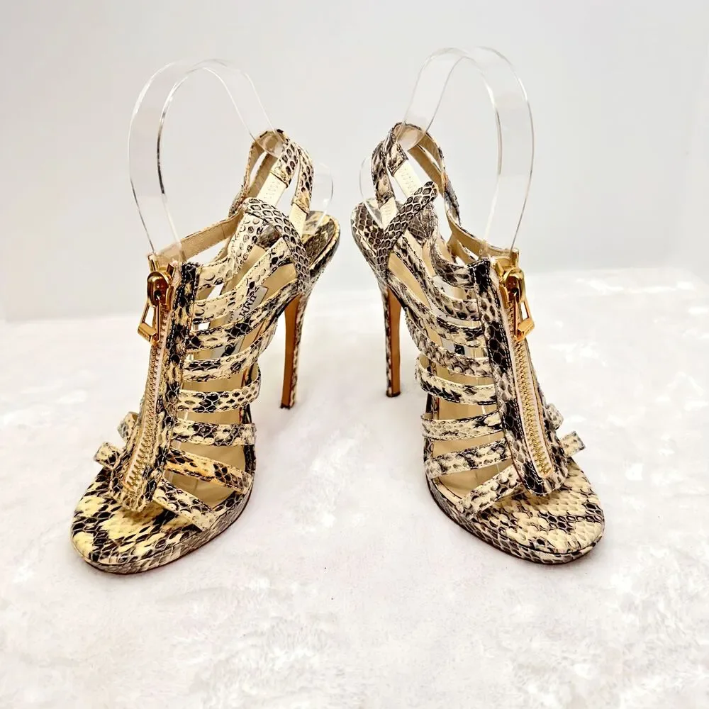 Jimmy Choo Women's Snakeskin Heels Strappy Sandals Front Gold Zip Python SZ 37 - Picture 1 of 14